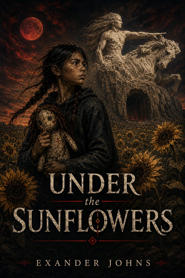 Under the Sunflowers — cover: a girl holds a stitched doll before a sunflower field, a blood moon, and the Crazy Horse Memorial