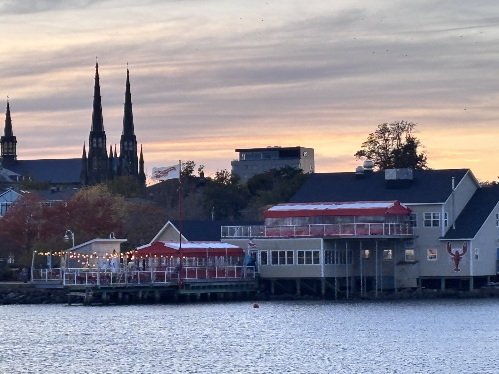 Charlottetown at dusk, the spires of St. Dunstan’s Basilica on the skyline