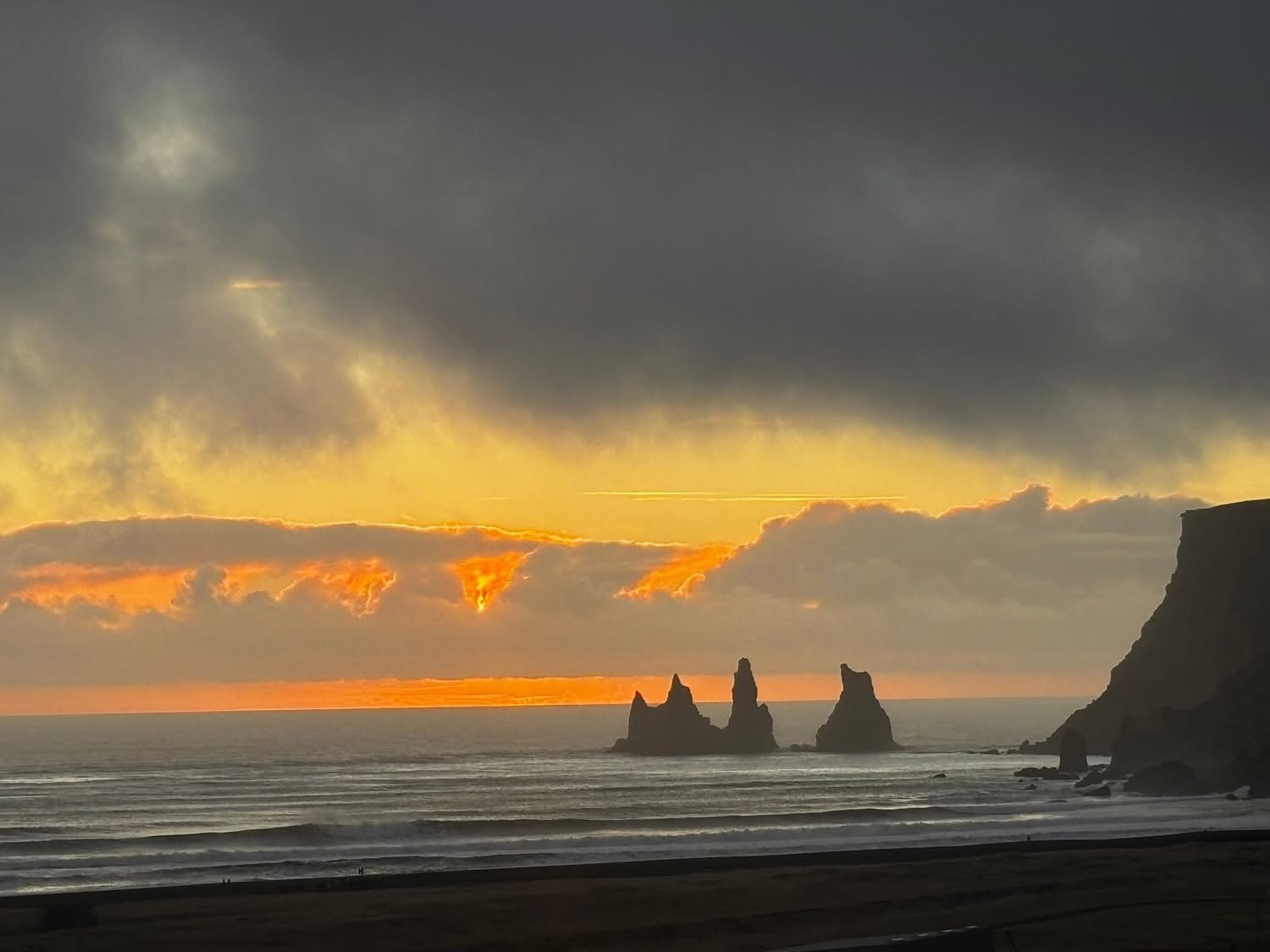 The Reynisdrangar sea stacks at sunset, Vík