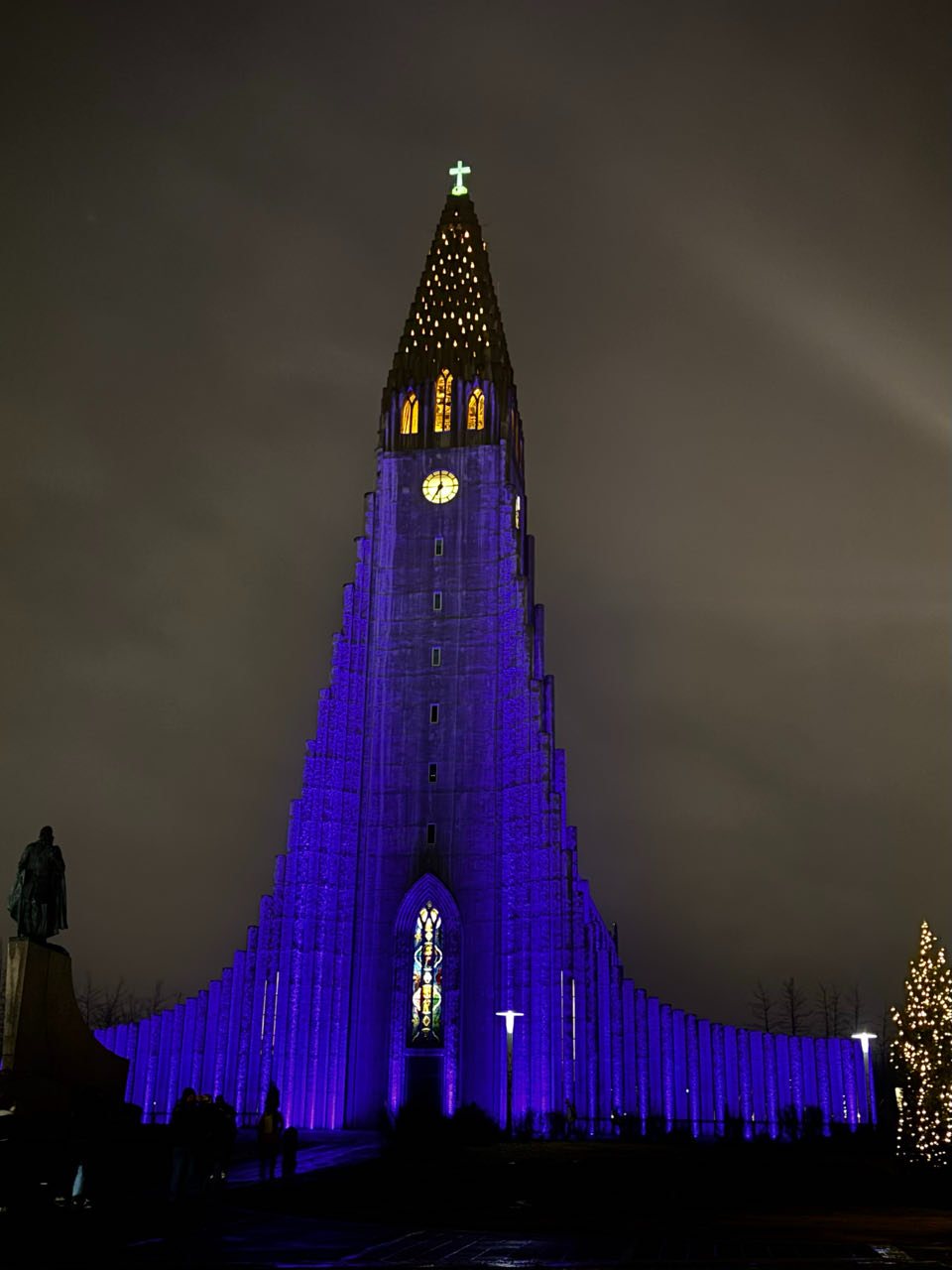 Hallgrímskirkja lit up at night, Reykjavik