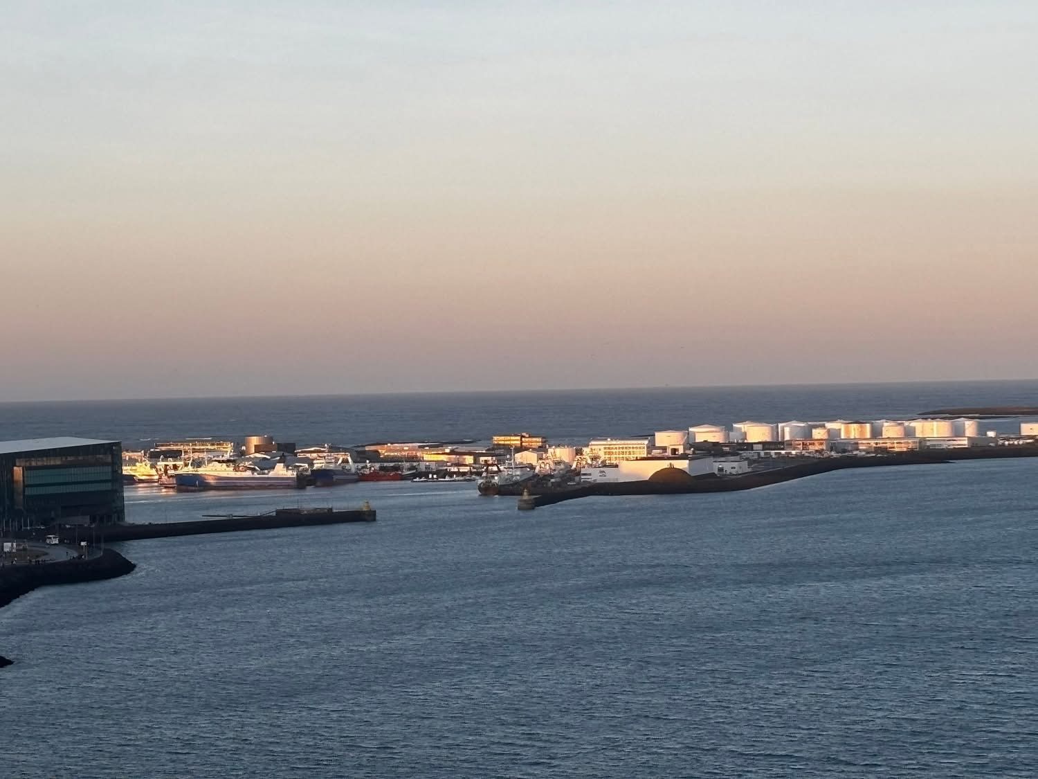 Reykjavik and its harbour at dusk