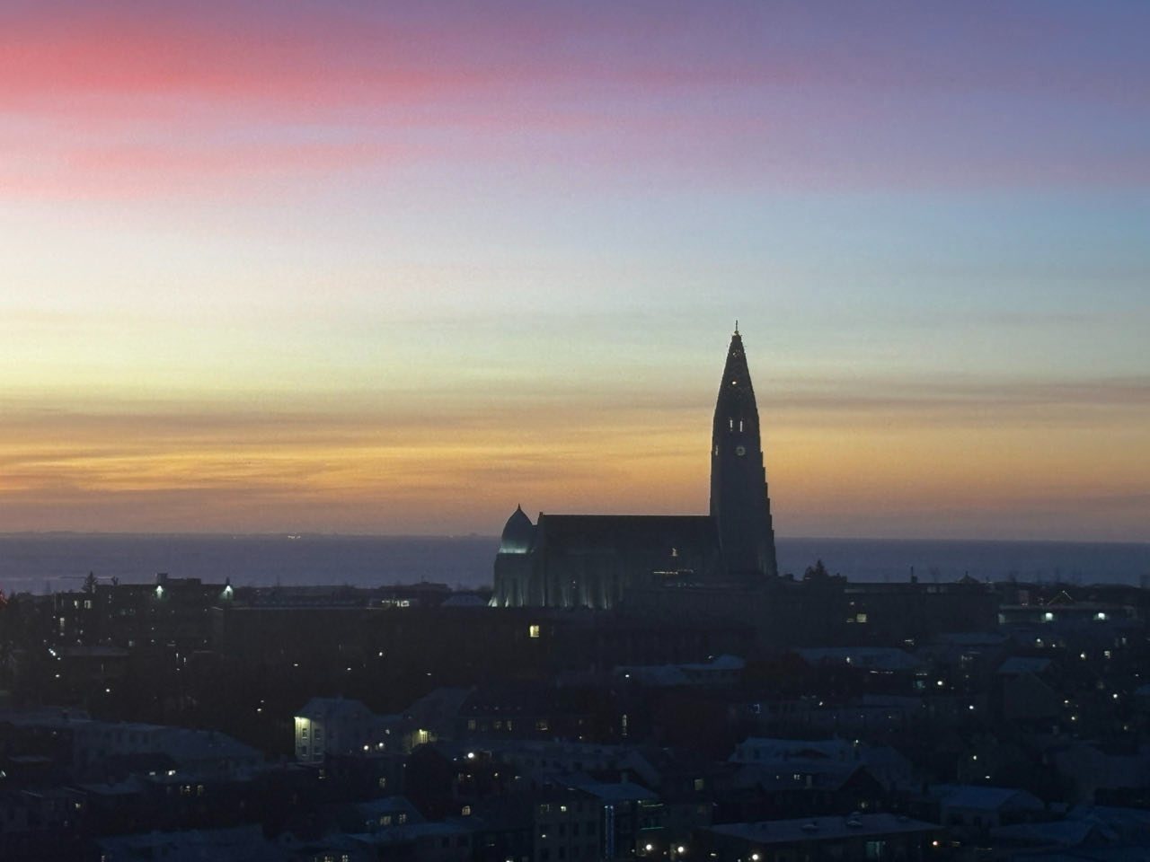 Hallgrímskirkja on the Reykjavik skyline at dawn